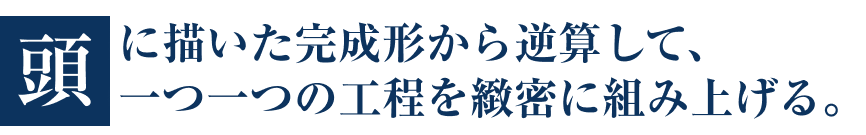 頭に描いた完成形から逆算して一つ一つの工程を緻密に組み上げる。